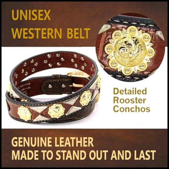 Genuine Leather Western Concho Belt with Tooled Embossing main image 6